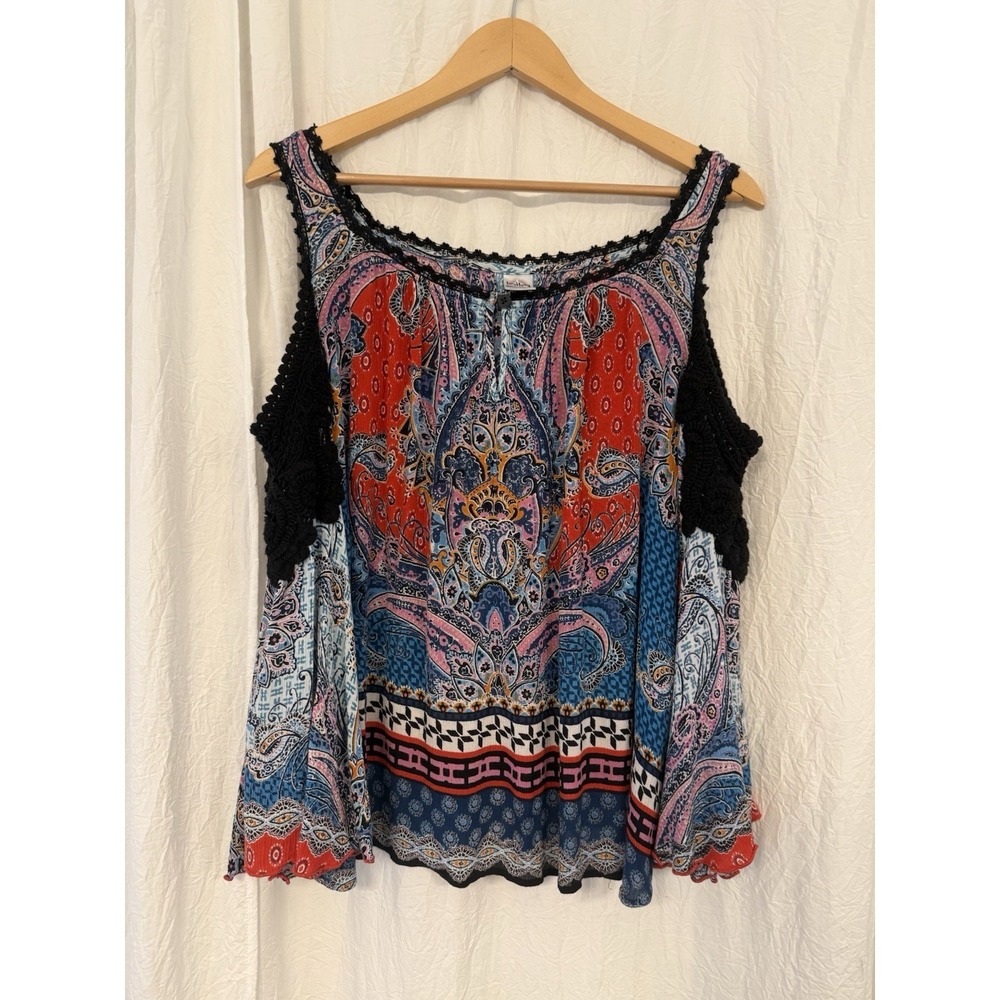 Bila Cold Shoulder Boho Top PXL– Multicolor Paisley Print, Crochet Trim Petite - Picture 11 of 12